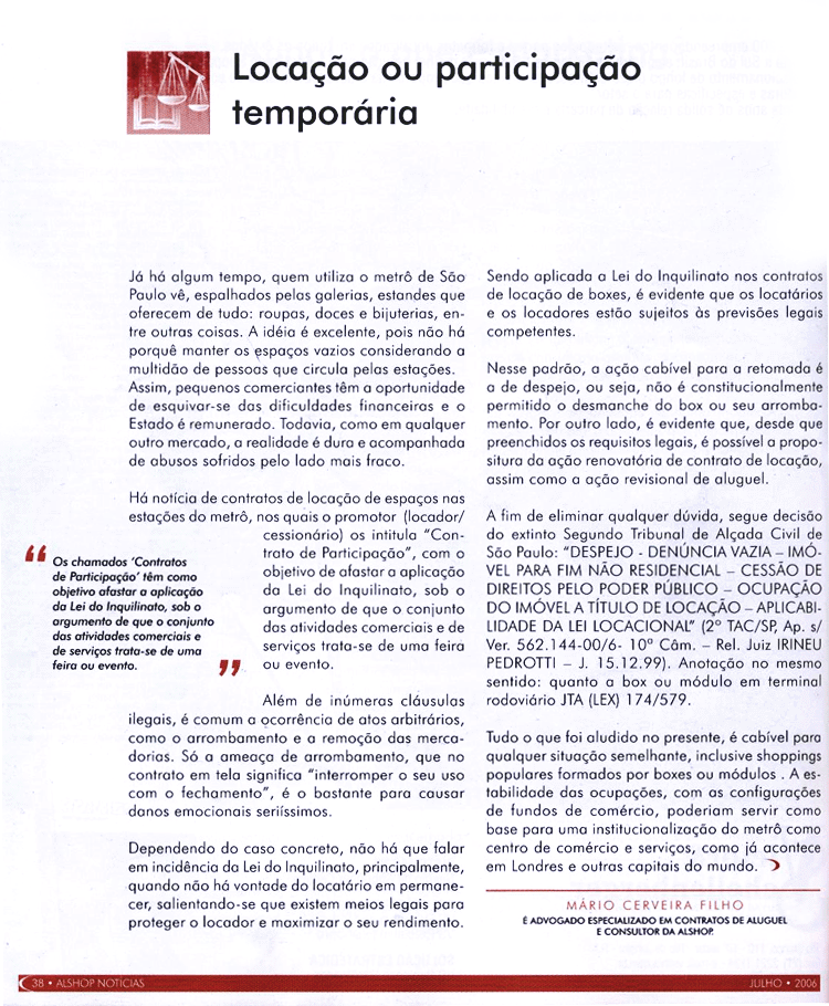 Locação ou Participação Temporária