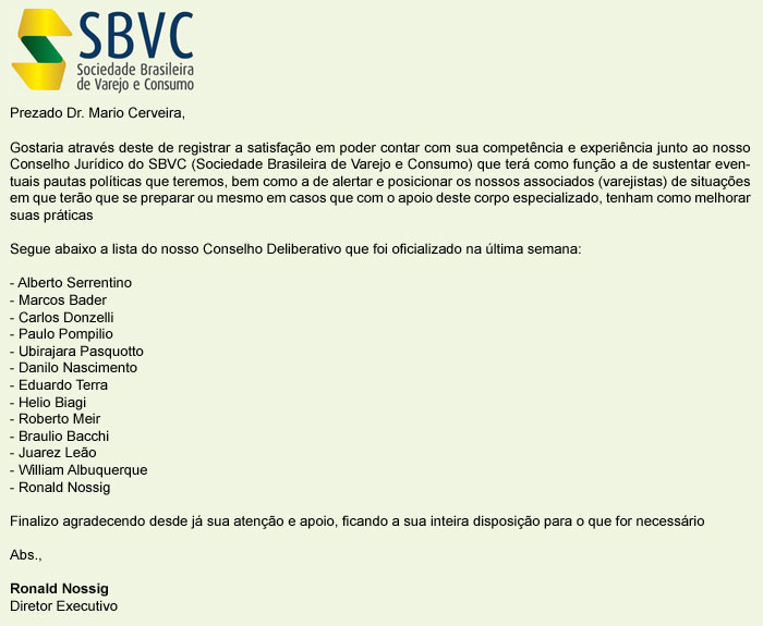 Convite ao Dr. Mario Cerveira Filho para integrar o Conselho Jurídico da SBVC