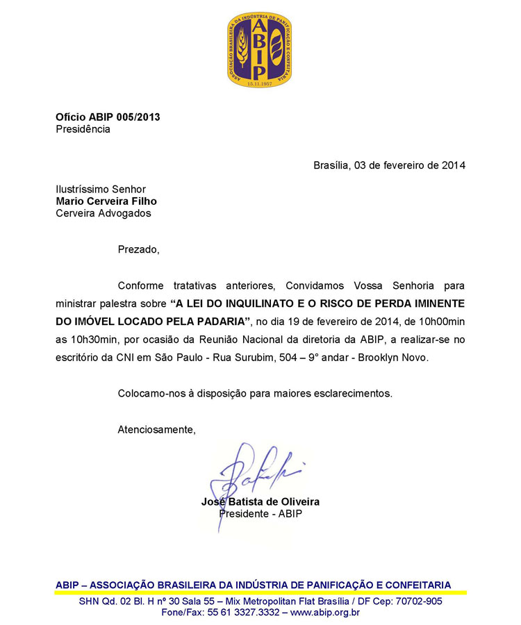 1ª Convocação para Reunião Nacional da Associação Brasileira da Indústria de Panificação e Confeitaria (ABIP)